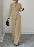Solid-color Long-sleeve Straight-leg Pants Set For Women