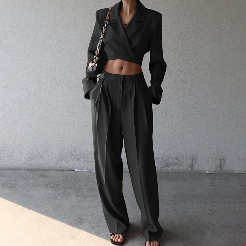 Long-sleeve Cropped Blazer And High-waist Casual Wide-leg Pants Set