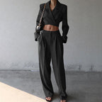 Long-sleeve Cropped Blazer And High-waist Casual Wide-leg Pants Set