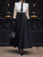 Black & White Oversized Shoulder Shirt & High-Waisted Maxi Skirt Set