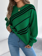 Women Casual Striped Round Neck Lantern Sleeve Long Sleeve Pullover Sweater
