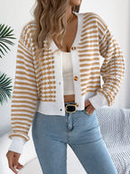 Women Color Block Stripe Lantern Sleeve Short Cardigan Sweater