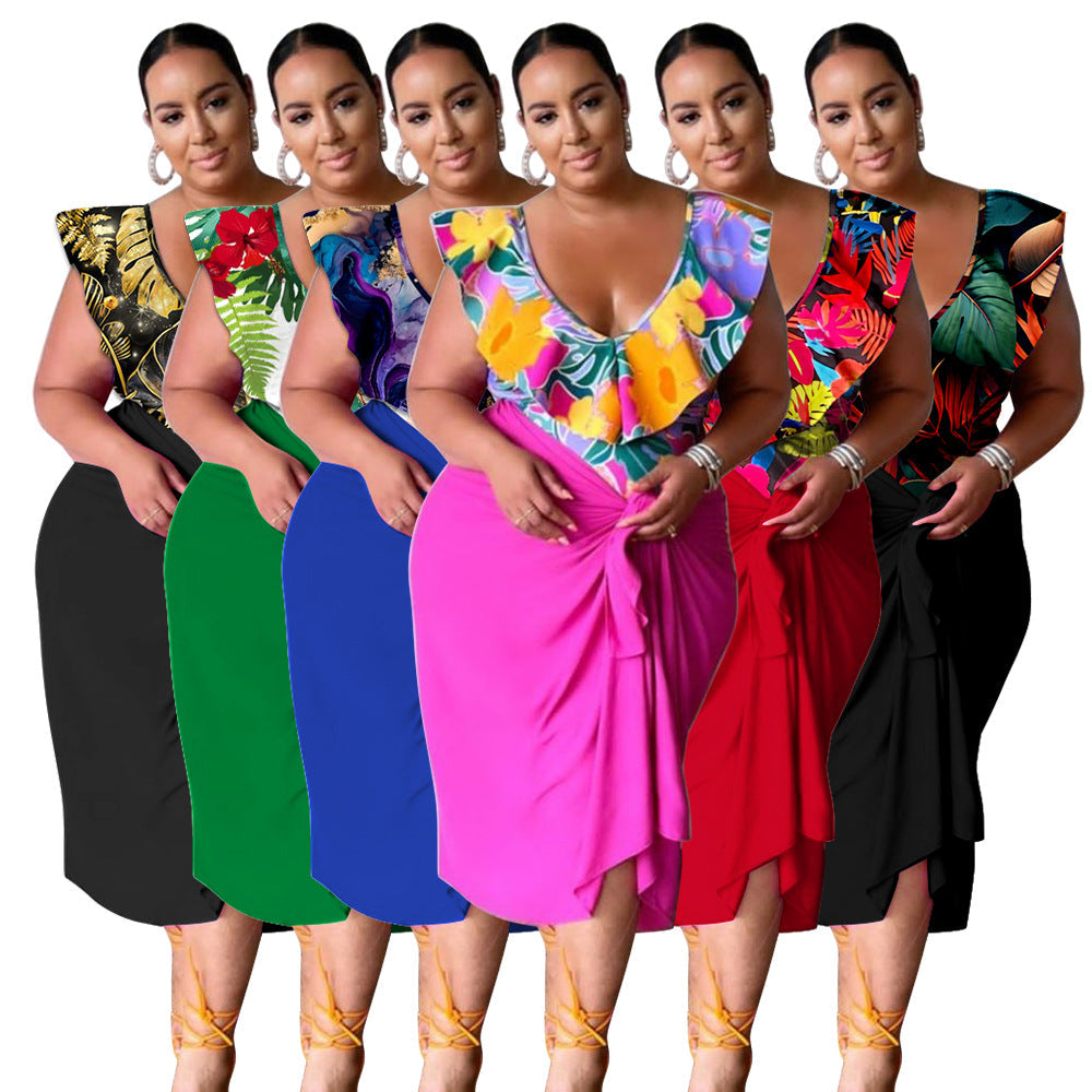 New Stylish Casual V-neck Printed Jumpsuit Printed Skirt Plus-size Two-piece Set