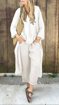 2pcs Long-sleeved Suits Loose V-neck Long Top And High Waist Wide Leg Pants With Pockets Women's Clothing