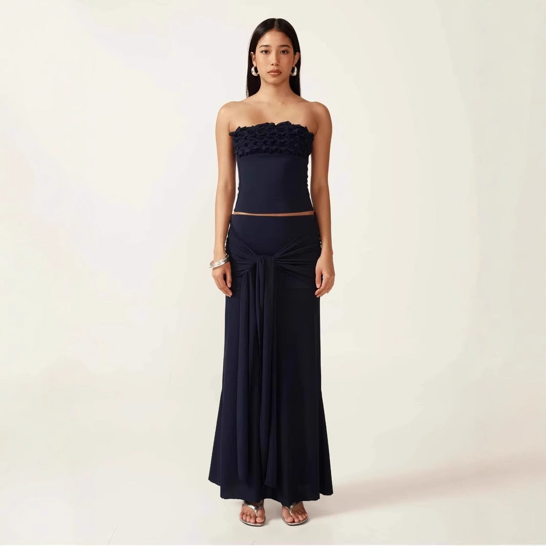 Sexy Patchwork Chest Wrap Midriff-baring Top Slim Fit Temperament Sheath Long Dress Suit