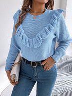 Women Elegant Solid Color Ruffled Long Sleeve Pullover Sweater