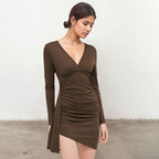 Designer-style Pleated Slim-fit Dress For Women Autumnwinter Deep Brown V-neck Long-sleeve Sheath Skirt With A Slit