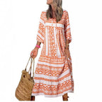 Summer Women's Vintage Printed Bohemian Dress Elegant Ladies Casual Loose V-Neck Short Sleeve Long Dresses
