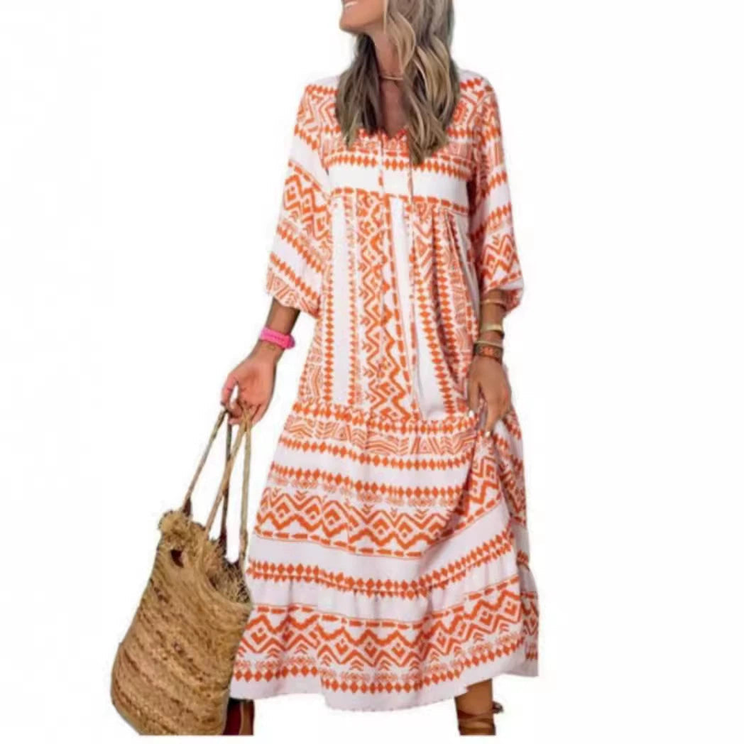 Summer Women's Vintage Printed Bohemian Dress Elegant Ladies Casual Loose V-Neck Short Sleeve Long Dresses