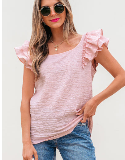 Textured Bow Knot Frilled Butterfly Sleeve Blouse