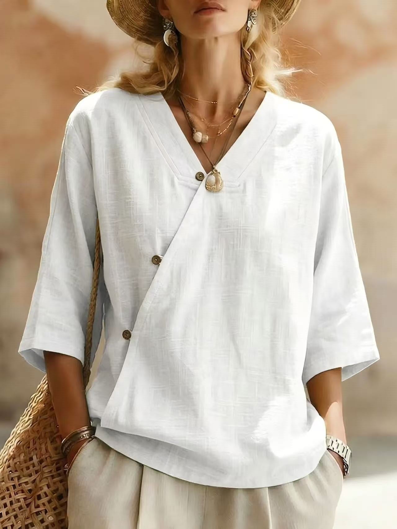 Women's Solid-Colored Cotton-Linen Button-Up Top