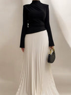 Turtleneck Solid Color Top & Contrasting Color Skirt Suit