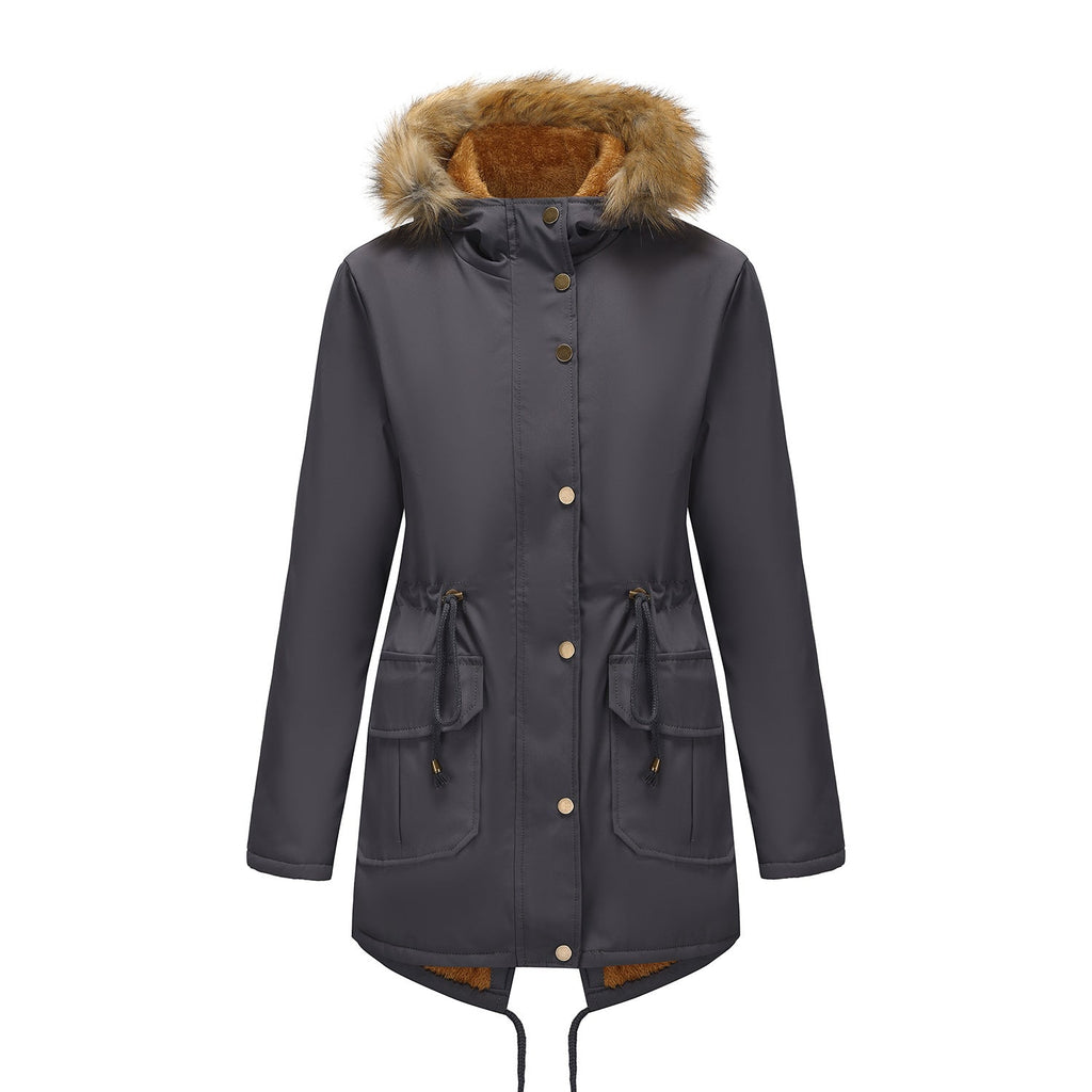 Hooded Women's Mid-length Padded Coat With Fur Collar And Defined Waist