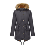 Hooded Women's Mid-length Padded Coat With Fur Collar And Defined Waist