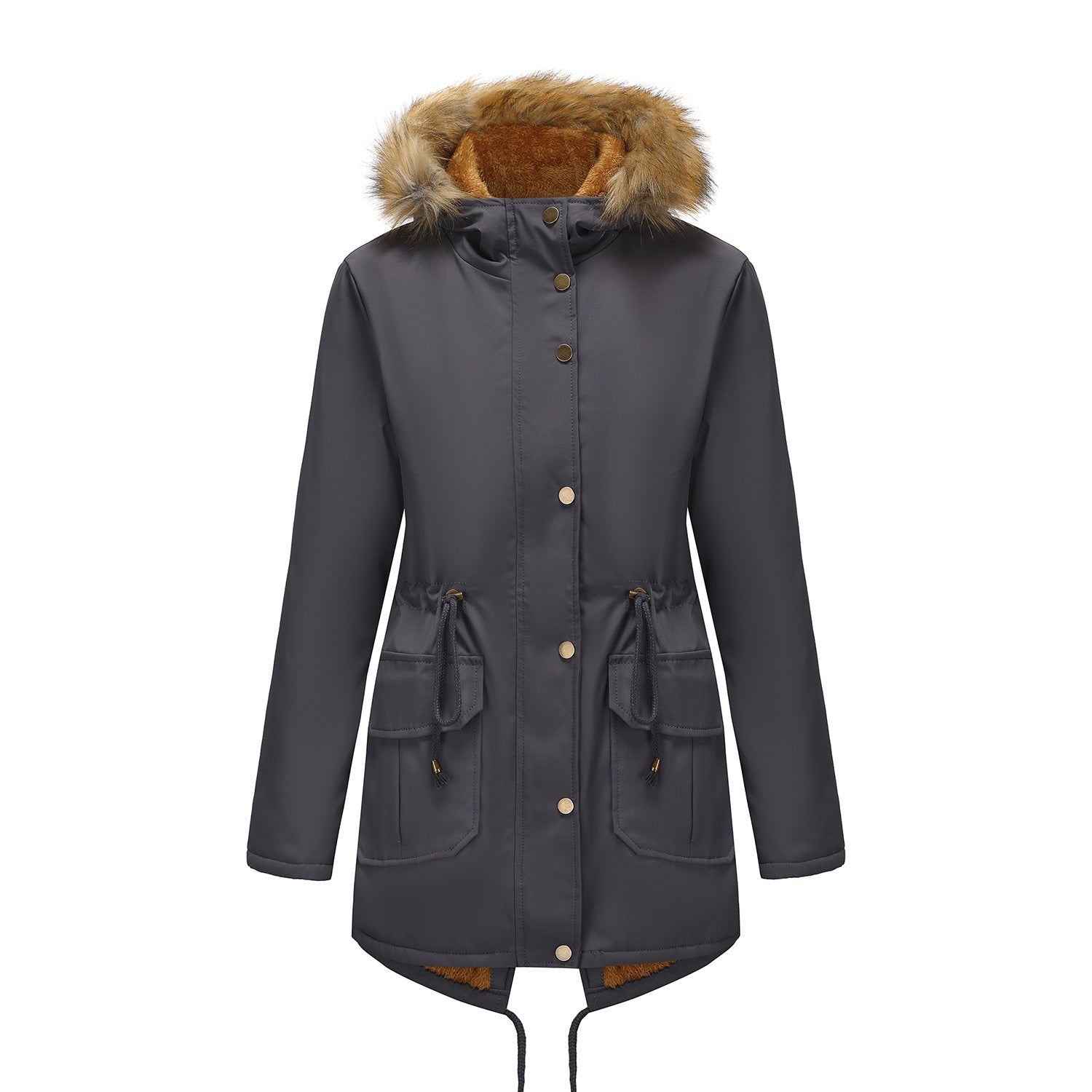 Hooded Women's Mid-length Padded Coat With Fur Collar And Defined Waist