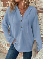 Waffle Hooded Sweater Sweatshirt Fashion Casual Long-sleeved Drawstring V-neck Buttons Top Women's Clothing