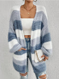 Women's Striped Colorblock Knitted Plush Coat