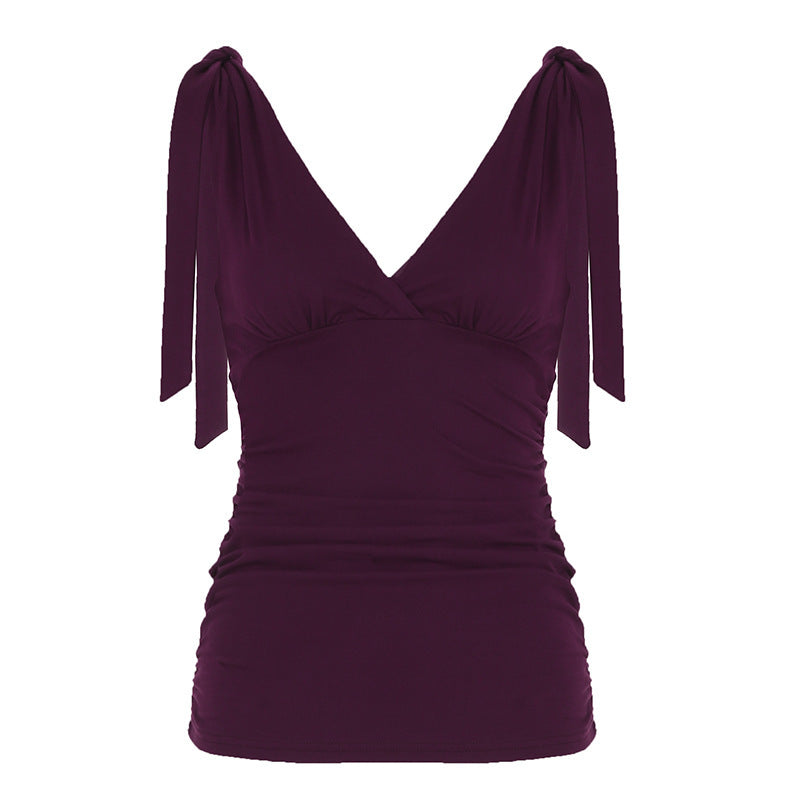 Deep V-neck Strap Pleated Bust Vest Spicy Girl-style Vintage Versatile Figure-hugging Top