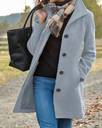 Women's Casual Tweed Coat - Solid Color Mid-Length H-Silhouette Button Front Long Sleeve