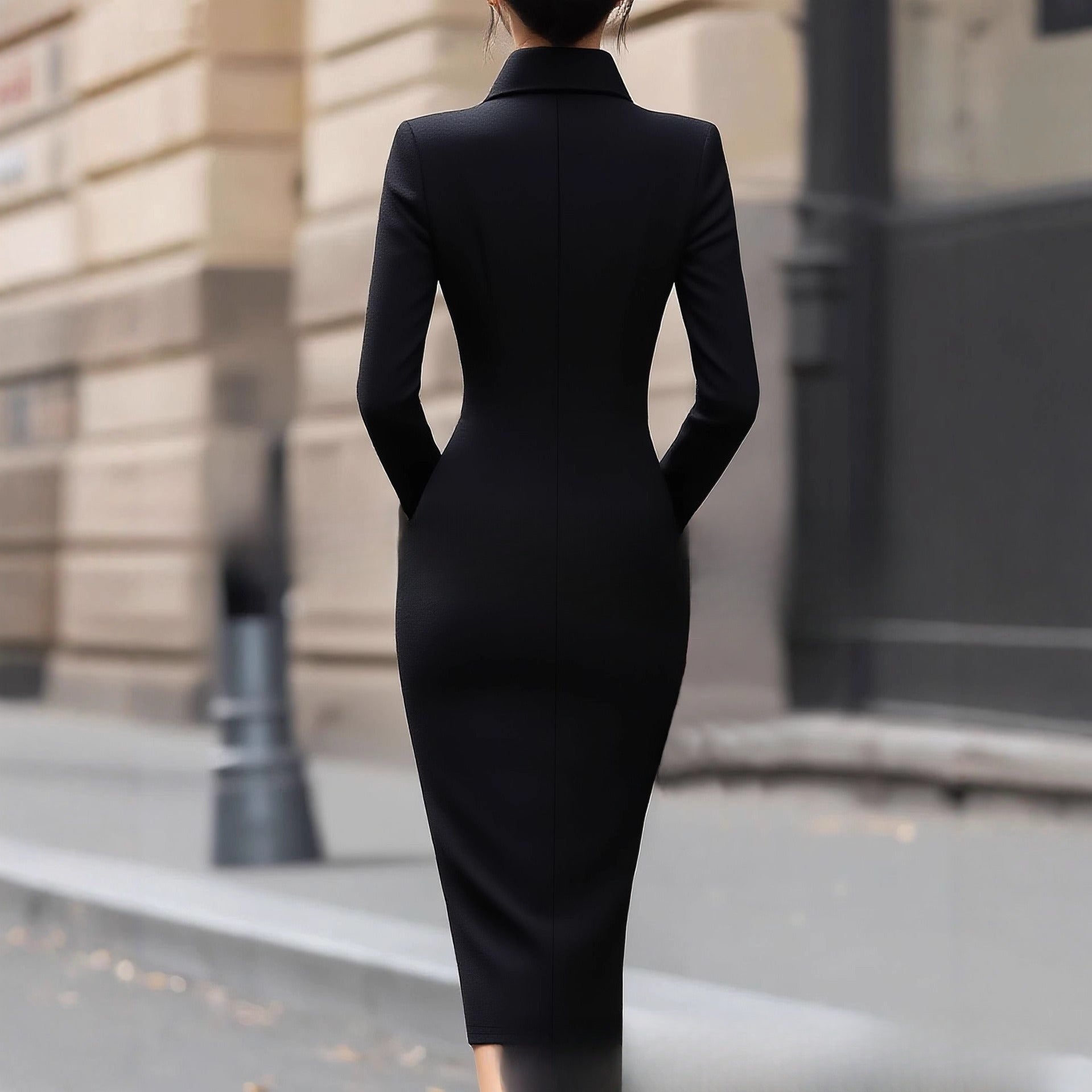 Elegant Designer-style Black French-style Shirt Dress