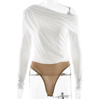 Off-the-shoulder Diagonal Neckline Fitted Long-sleeve Ruffled Bodysuit