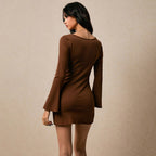 Women's Casual Brown Square-Neck Bodycon Split Dress