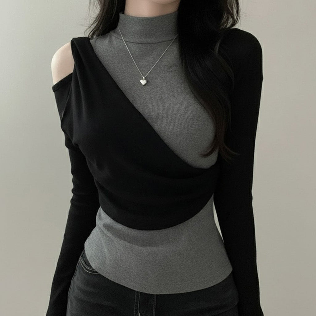 New Color-blocked Mock-neck Slim-fit Top