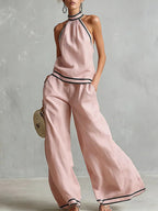 Womens Striped Patchwork Halterneck Sleeveless Wide-Leg Pants Set