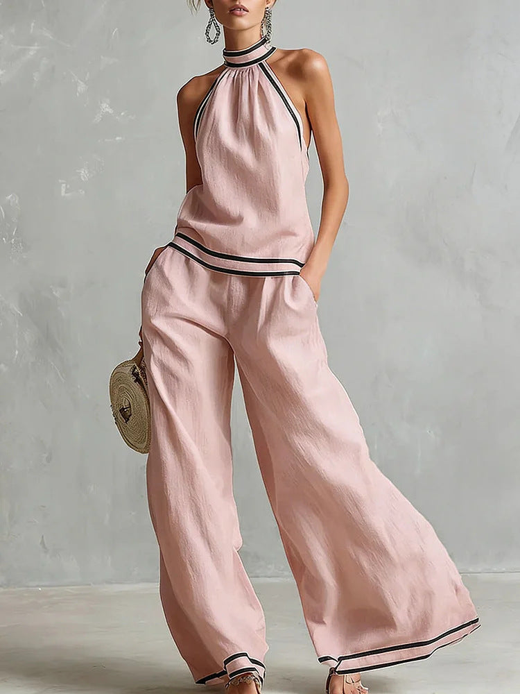 Womens Striped Patchwork Halterneck Sleeveless Wide-Leg Pants Set