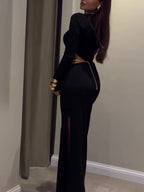 Black Cutout Waist Long-Sleeve Maxi Dress-Includes Waist Chain