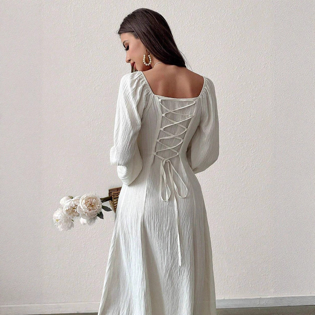 Women's Fashion Square-neck Tie-waist Figure-flattering A-line Dress With Long Sleeves And An Elegant Vibe