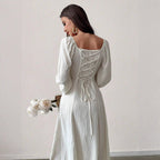 Women's Fashion Square-neck Tie-waist Figure-flattering A-line Dress With Long Sleeves And An Elegant Vibe