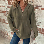 Waffle Hooded Sweater Sweatshirt Fashion Casual Long-sleeved Drawstring V-neck Buttons Top Women's Clothing
