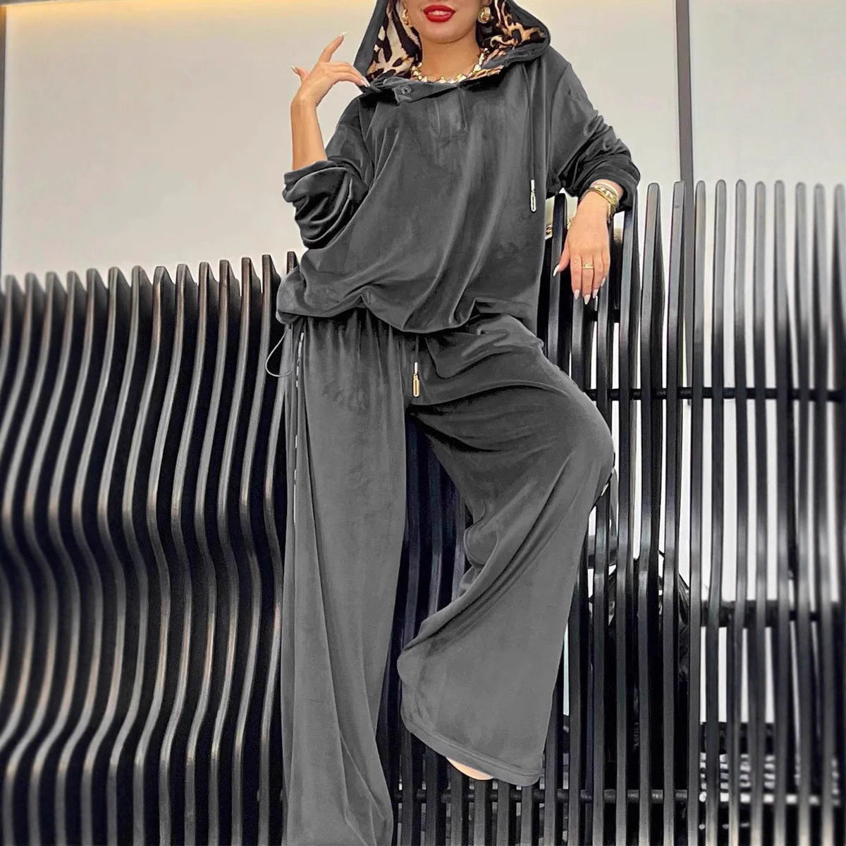 Loose Casual Two-piece Suit Leopard Print Hoodie And Pants Suit For Women