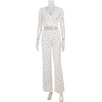 Women's Casual Short-Sleeve Tie-Dye Printed Top And Fashionable Ruffle-Trimmed Pants Set