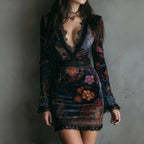 Retro-chic Velvet Cheongsam Dress With Floral Print, Fitted Waist, And Slimming Effect