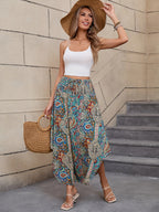 Paisley Print Shirred Waist Skirt, Boho High Waist Curved Hem A-line Tie Skirt For Spring & Summer, Women's Clothing