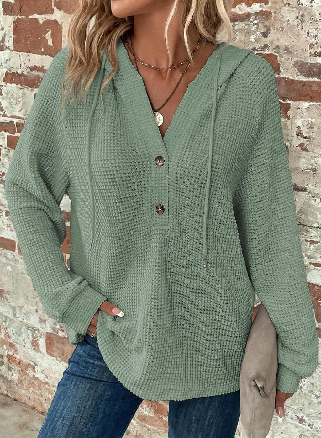 Waffle Hooded Sweater Sweatshirt Fashion Casual Long-sleeved Drawstring V-neck Buttons Top Women's Clothing
