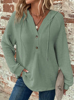 Waffle Hooded Sweater Sweatshirt Fashion Casual Long-sleeved Drawstring V-neck Buttons Top Women's Clothing