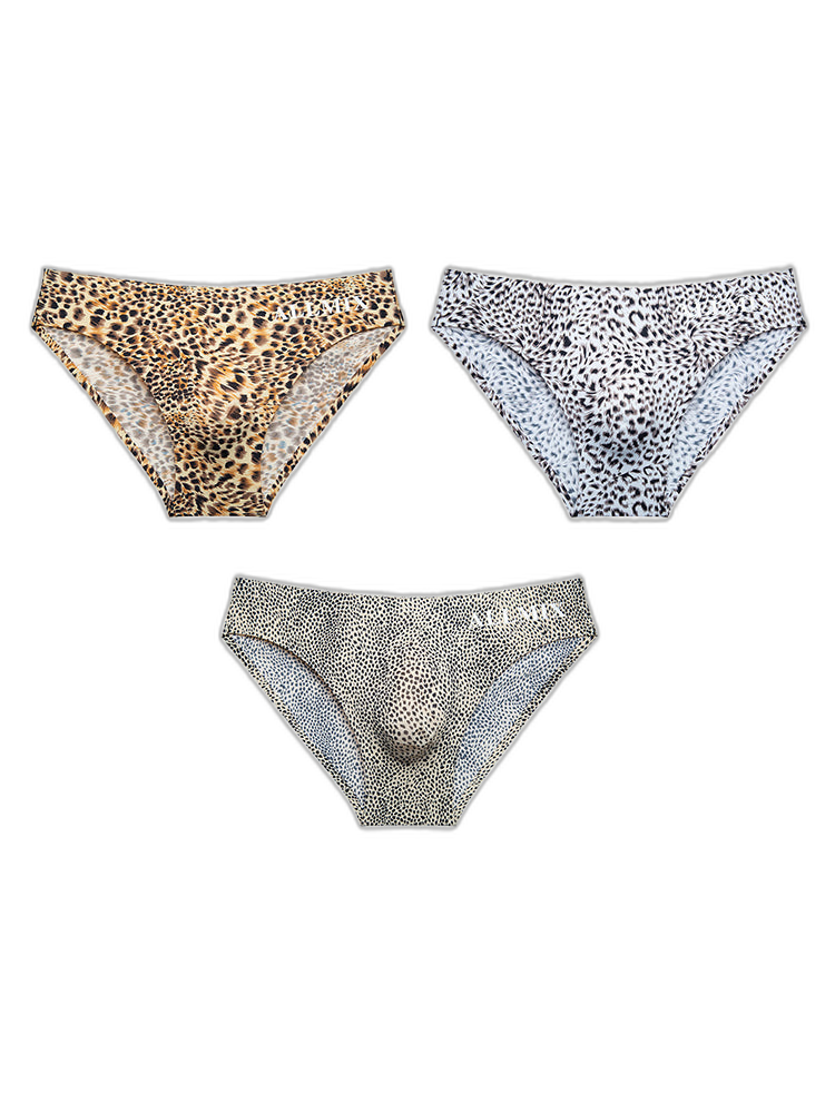 3 Pack ALLMIX Men's 3D Pouch Sexy Leopard Print Ice Silk Briefs
