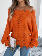 Women Solid Color Hollow Out Long Sleeve Distressed Off-Shoulder Pullover Sweater