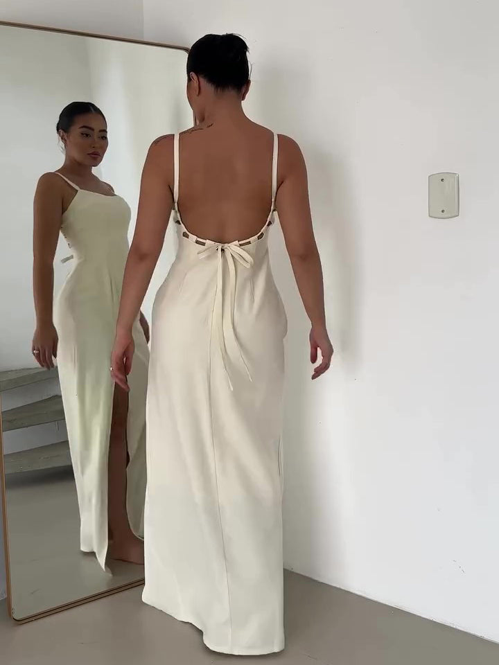 Cotton And Linen Slit Backless Strappy Dress