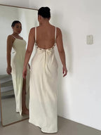 Cotton And Linen Slit Backless Strappy Dress