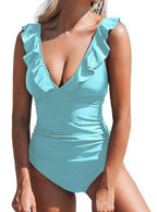 Belly One-piece V-neck Flounce Lace-up Multi-color Women's Swimsuit