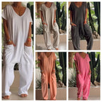 European And American Solid Color And V-neck Oversized Pocket Low-grade Jumpsuit