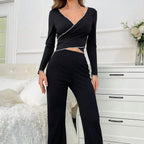 Women's Sexy V-neck Long-sleeve Pants With Straps Pajamas