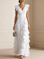 Solid Color Pleated Short Sleeves V-neck Dress