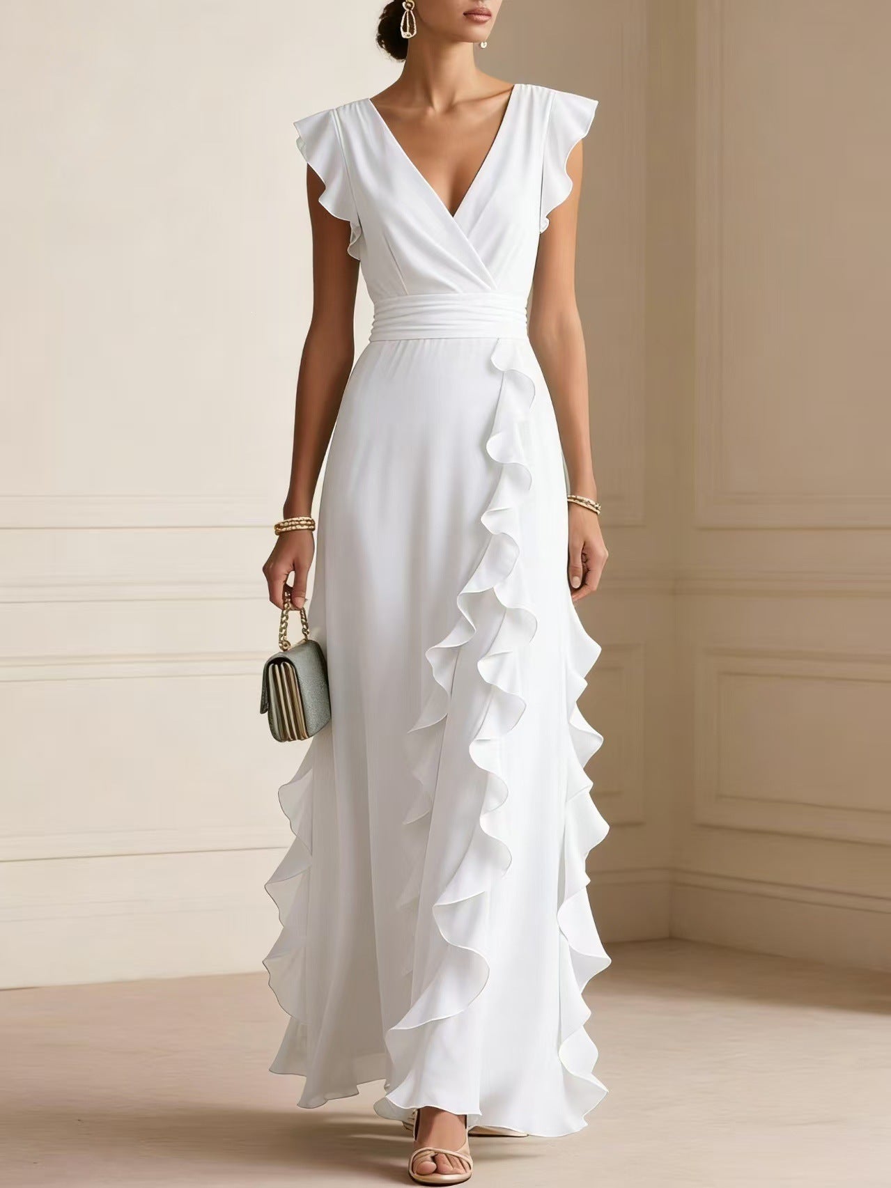Solid Color Pleated Short Sleeves V-neck Dress