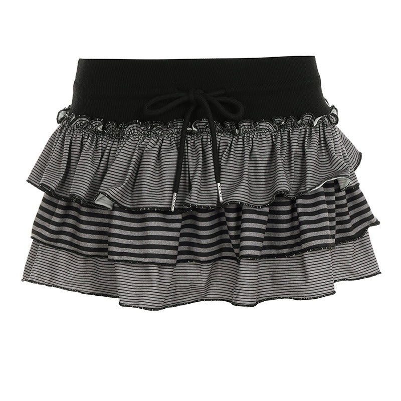 Contrast-color Striped Figure-flattering Layered Ruffle Cake Skirt