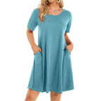 New Women's Round-neck Solid-color Casual Short-sleeve Swing Dress With Pockets